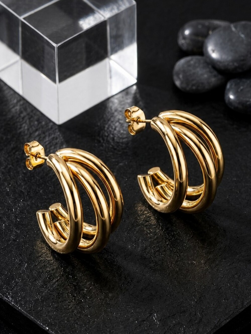 18K Gold Plated Triple C-Hoop Earrings Chunky Stacked Clean Girl Old Money 0.8"